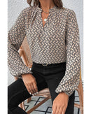 Khaki Geometric Print Notched Neck Puff Sleeve Blouse - L