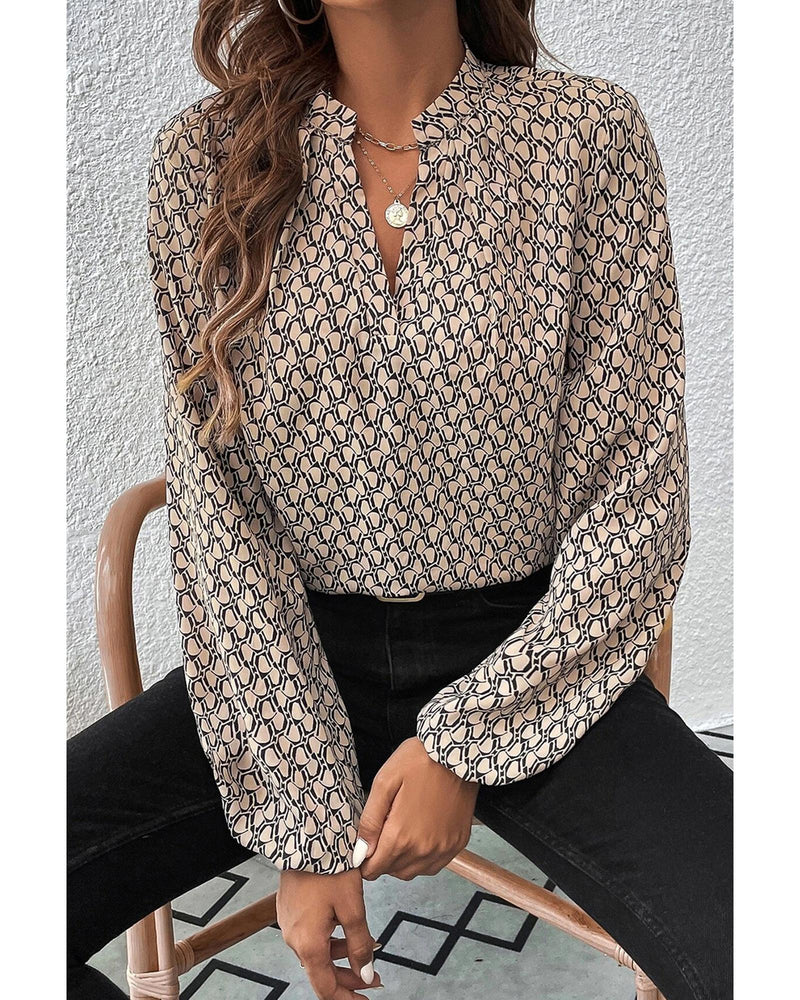 Khaki Geometric Print Notched Neck Puff Sleeve Blouse - L