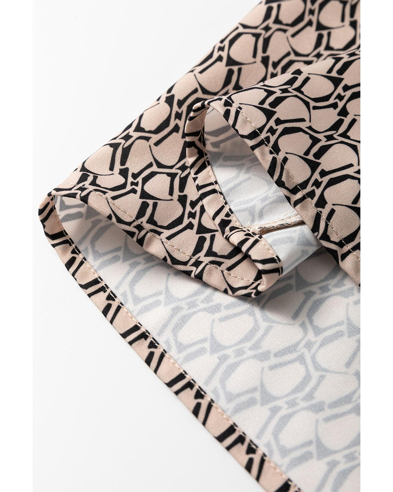 Khaki Geometric Print Notched Neck Puff Sleeve Blouse - L