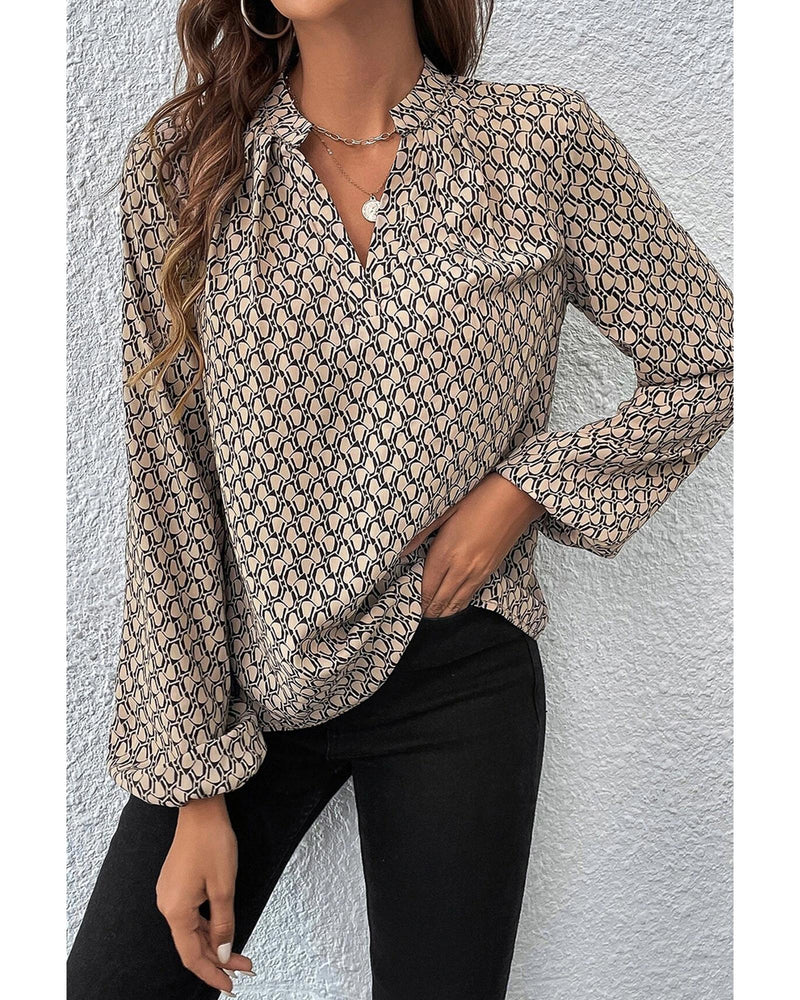 Khaki Geometric Print Notched Neck Puff Sleeve Blouse - S