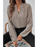 Khaki Geometric Print Notched Neck Puff Sleeve Blouse - S