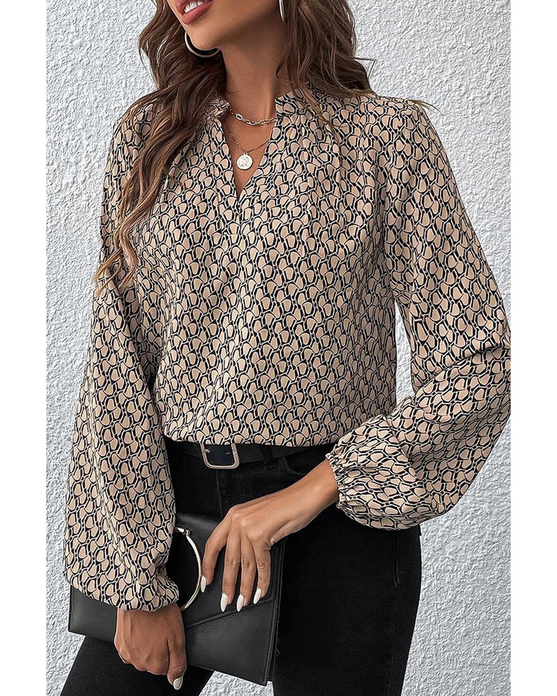 Khaki Geometric Print Notched Neck Puff Sleeve Blouse - S