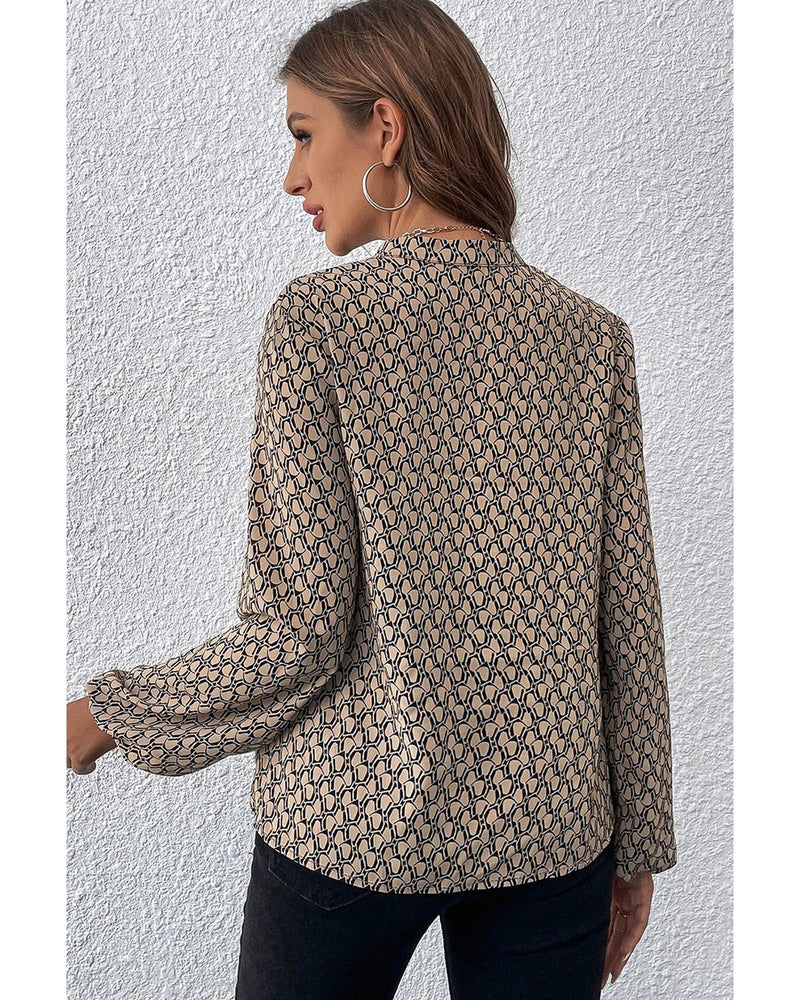 Khaki Geometric Print Notched Neck Puff Sleeve Blouse - S