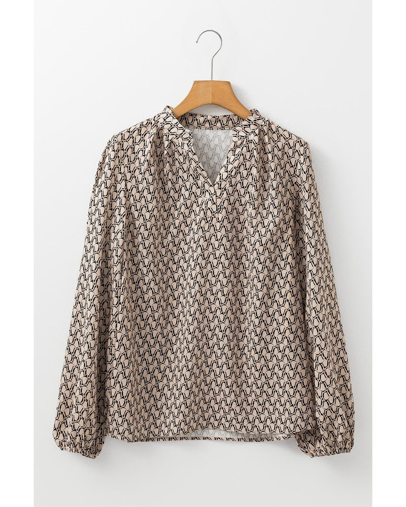 Khaki Geometric Print Notched Neck Puff Sleeve Blouse - S