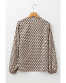 Khaki Geometric Print Notched Neck Puff Sleeve Blouse - S