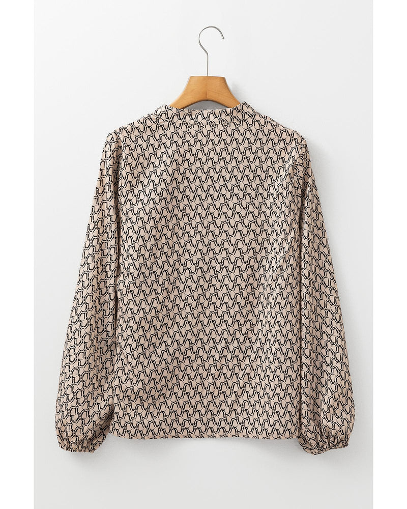 Khaki Geometric Print Notched Neck Puff Sleeve Blouse - S