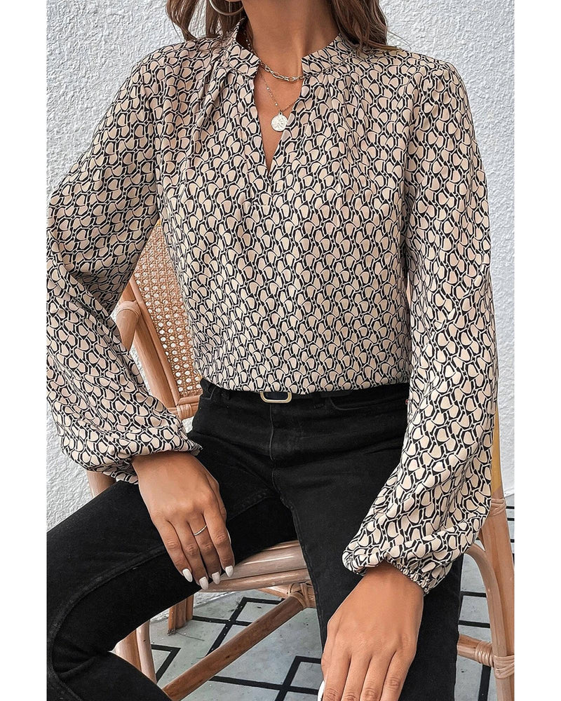 Khaki Geometric Print Notched Neck Puff Sleeve Blouse - XL