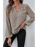 Khaki Geometric Print Notched Neck Puff Sleeve Blouse - XL