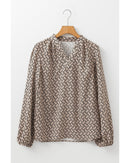Khaki Geometric Print Notched Neck Puff Sleeve Blouse - XL
