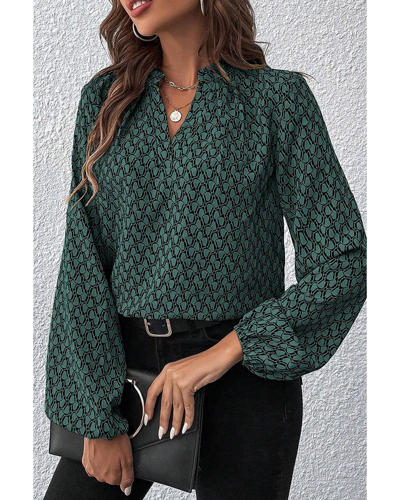 Green Geometric Print Notched Neck Puff Sleeve Blouse - M