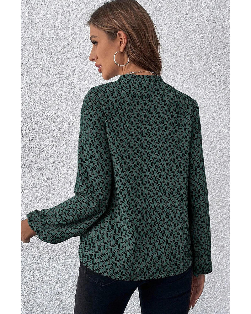 Green Geometric Print Notched Neck Puff Sleeve Blouse - M