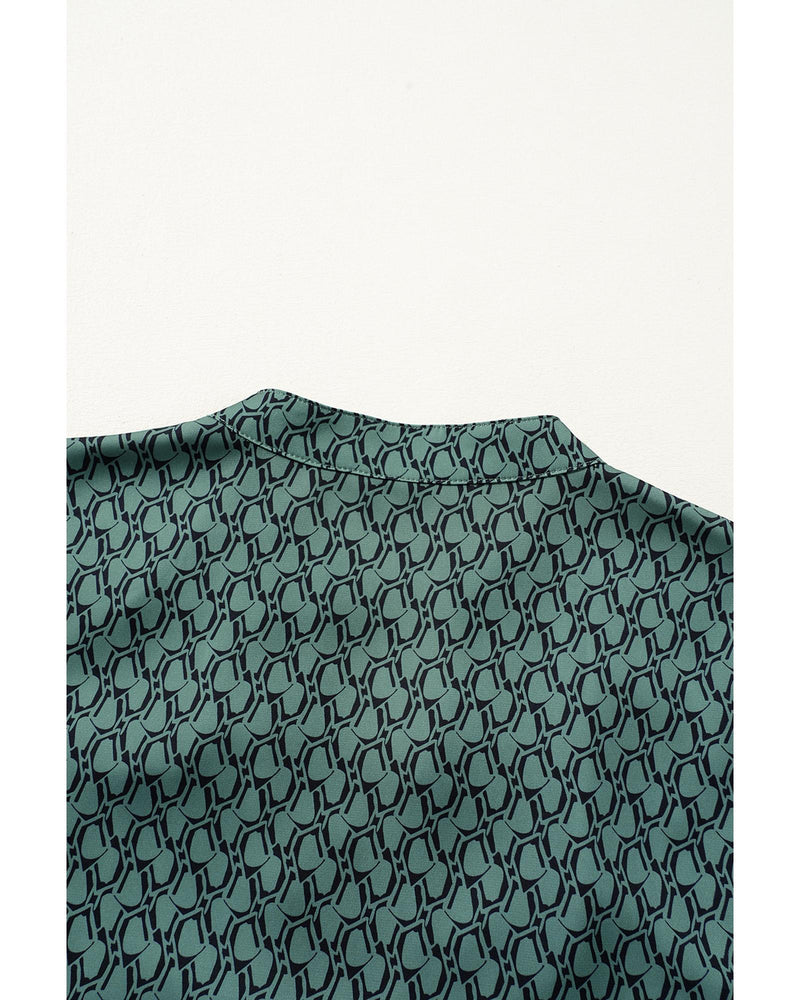 Green Geometric Print Notched Neck Puff Sleeve Blouse - M
