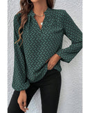 Green Geometric Print Notched Neck Puff Sleeve Blouse - S