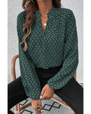 Green Geometric Print Notched Neck Puff Sleeve Blouse - S