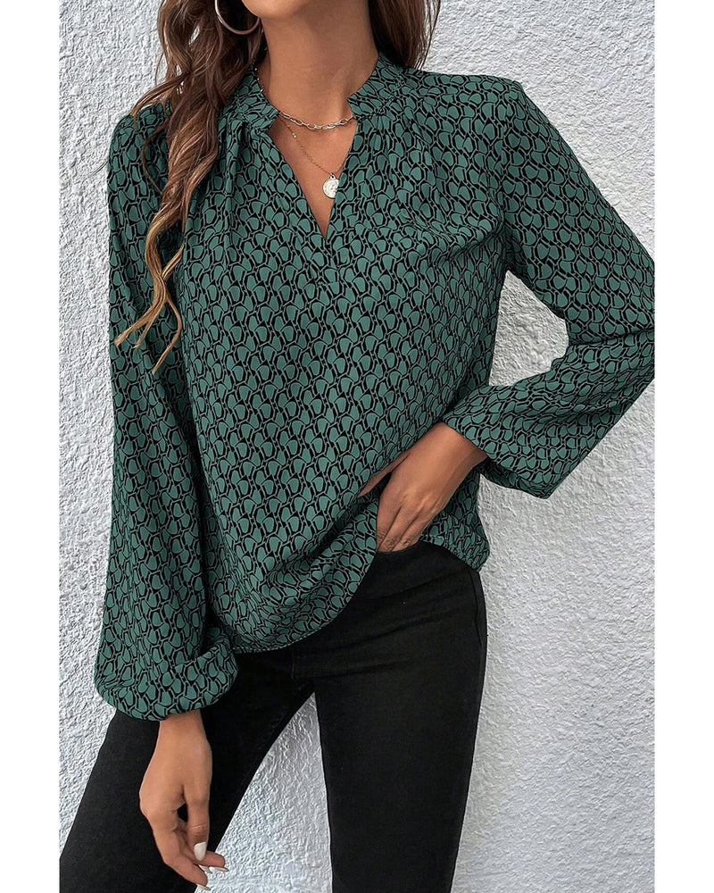 Green Geometric Print Notched Neck Puff Sleeve Blouse - S