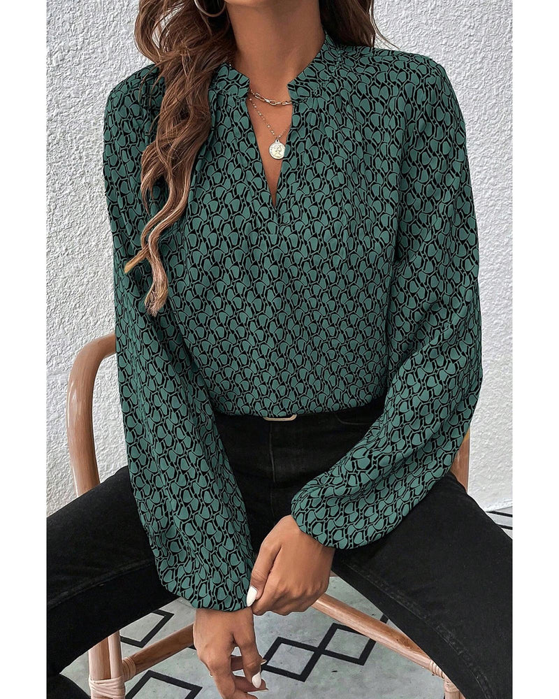 Green Geometric Print Notched Neck Puff Sleeve Blouse - XL