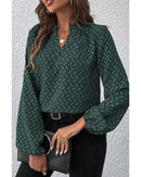 Green Geometric Print Notched Neck Puff Sleeve Blouse - XL