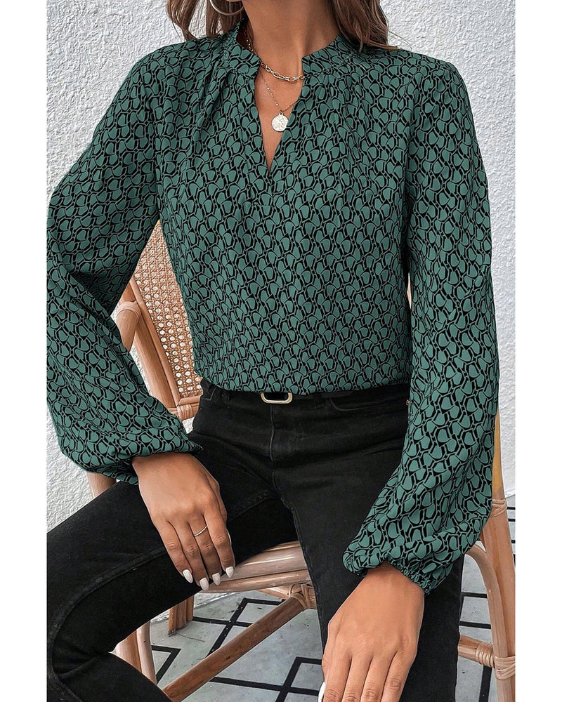Green Geometric Print Notched Neck Puff Sleeve Blouse - XL