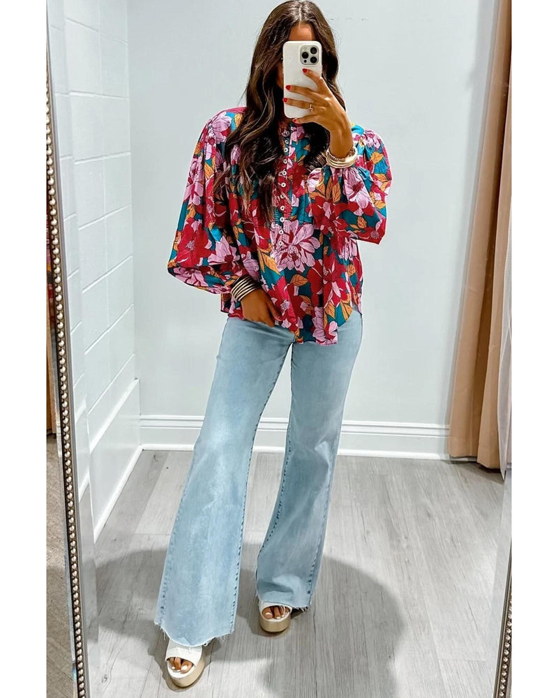 Red Floral Printed Balloon Sleeve Half Buttons Blouse - L