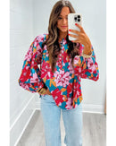 Red Floral Printed Balloon Sleeve Half Buttons Blouse - L
