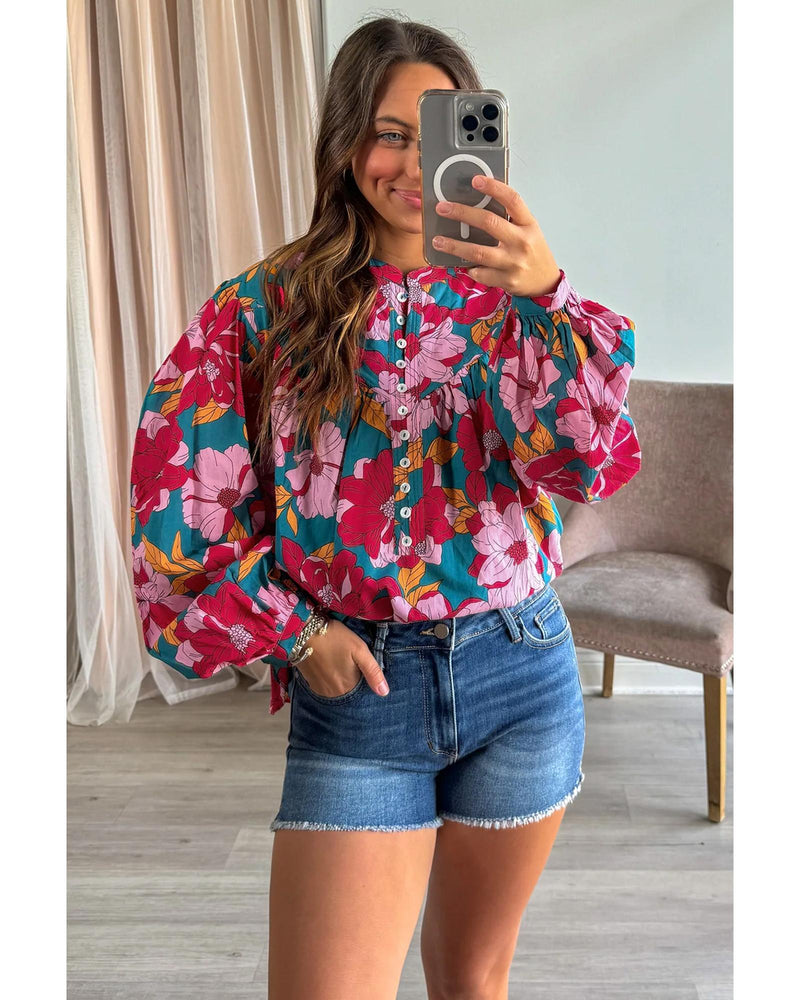 Red Floral Printed Balloon Sleeve Half Buttons Blouse - L