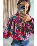 Red Floral Printed Balloon Sleeve Half Buttons Blouse - L