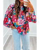 Red Floral Printed Balloon Sleeve Half Buttons Blouse - XL