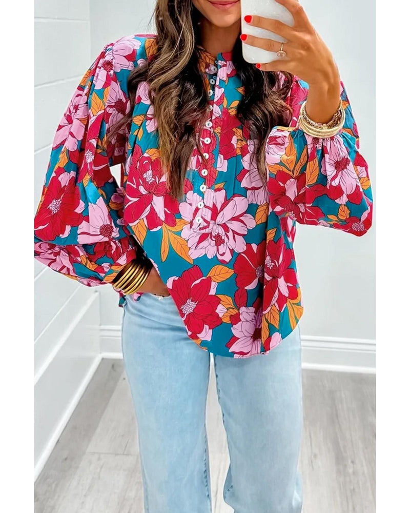 Red Floral Printed Balloon Sleeve Half Buttons Blouse - XL