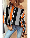 Orange Polka Dot Vertical Striped Printed Puff Sleeve Blouse - M