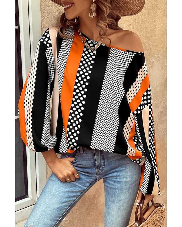 Orange Polka Dot Vertical Striped Printed Puff Sleeve Blouse - M