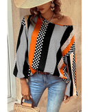 Orange Polka Dot Vertical Striped Printed Puff Sleeve Blouse - M