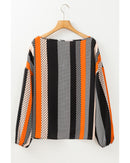 Orange Polka Dot Vertical Striped Printed Puff Sleeve Blouse - M