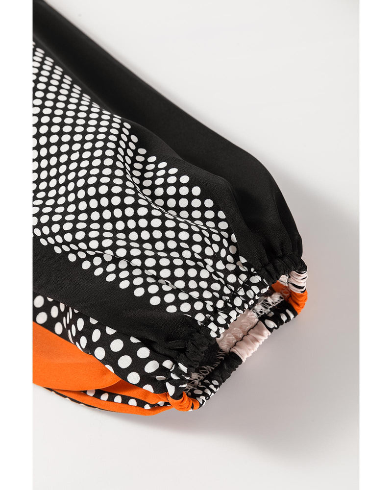 Orange Polka Dot Vertical Striped Printed Puff Sleeve Blouse - M