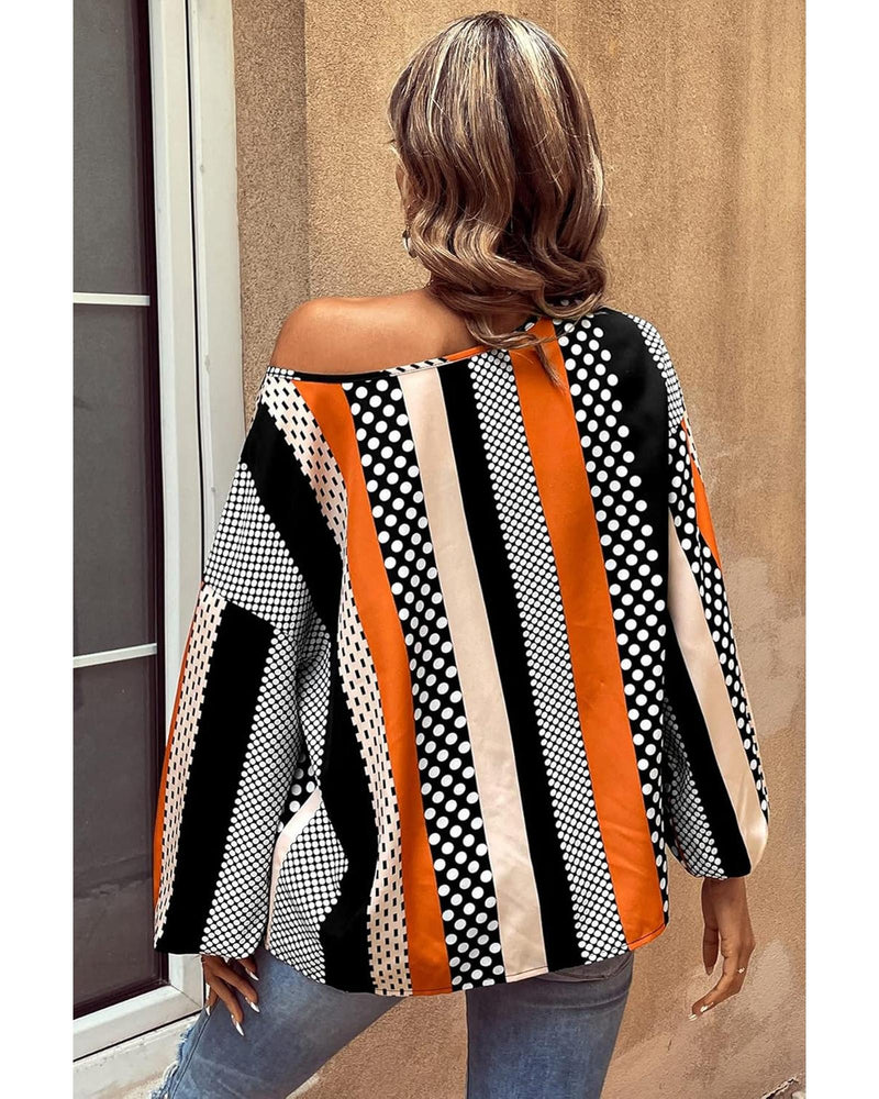 Orange Polka Dot Vertical Striped Printed Puff Sleeve Blouse - M