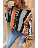 Orange Polka Dot Vertical Striped Printed Puff Sleeve Blouse - M