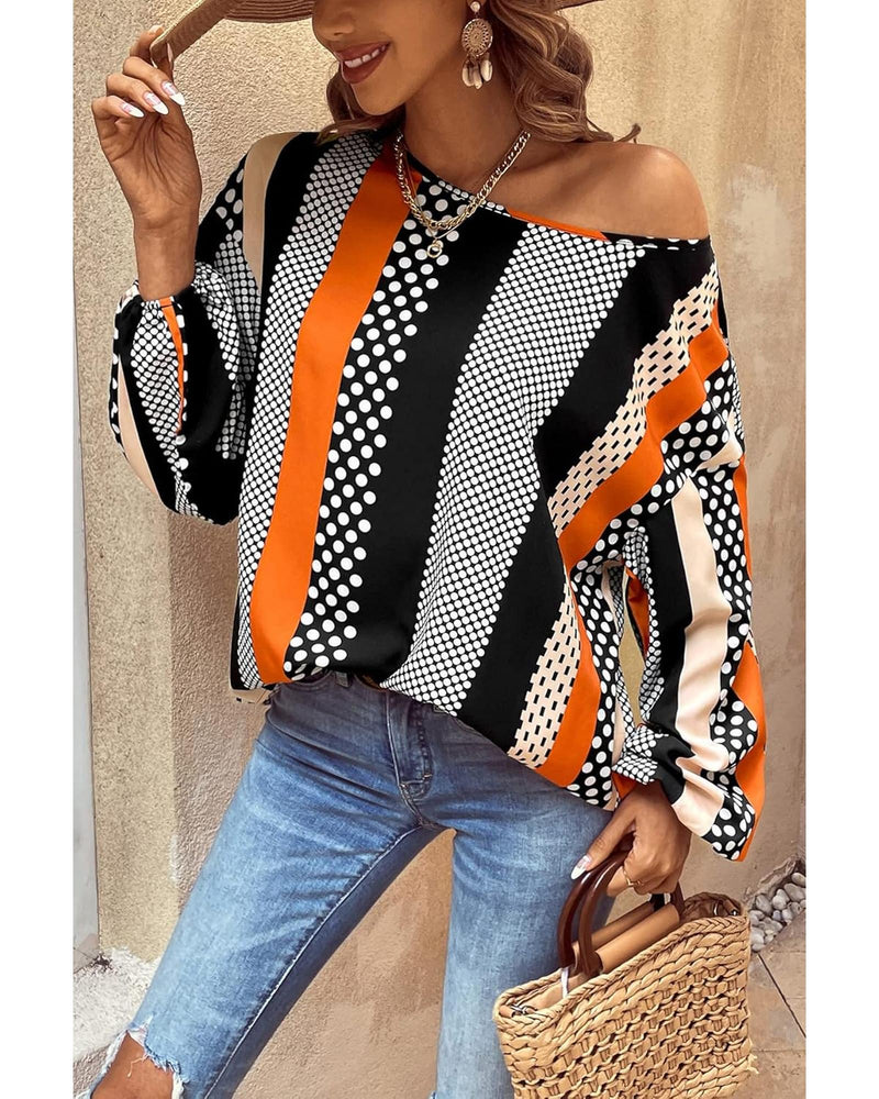 Orange Polka Dot Vertical Striped Printed Puff Sleeve Blouse - M