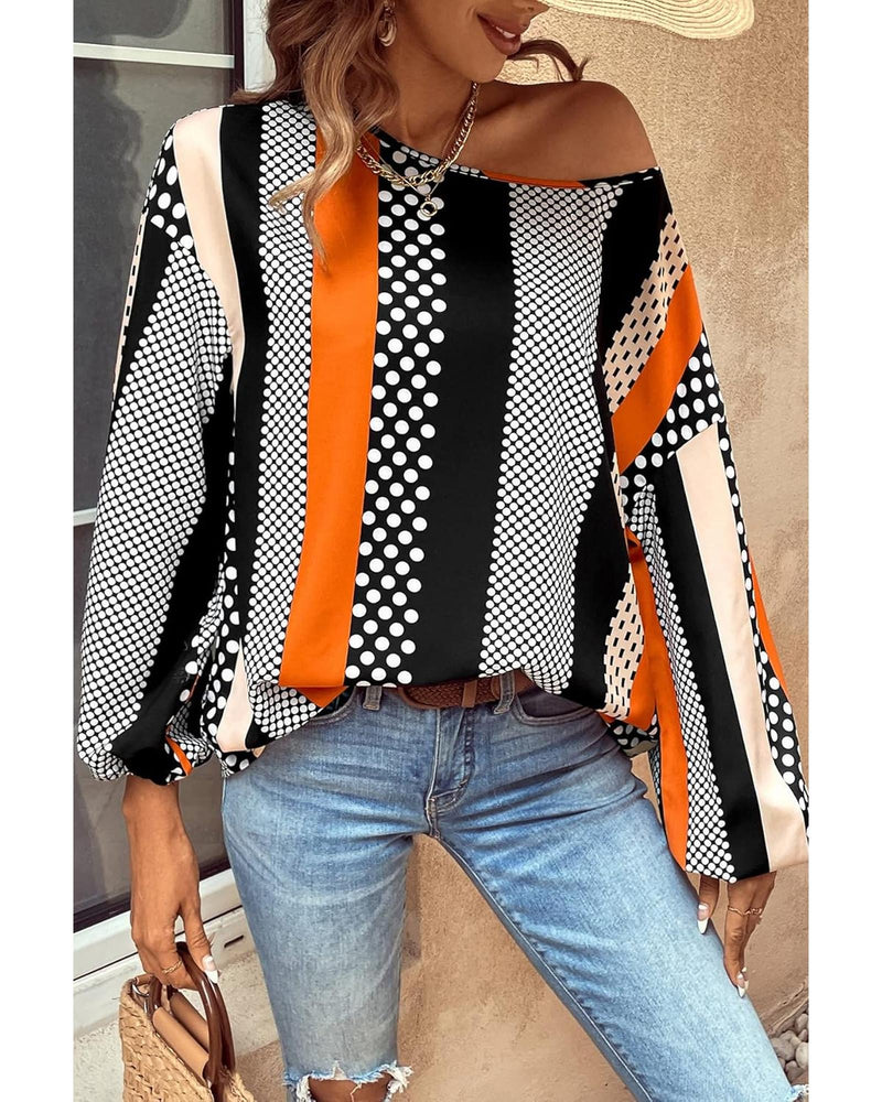 Orange Polka Dot Vertical Striped Printed Puff Sleeve Blouse - S