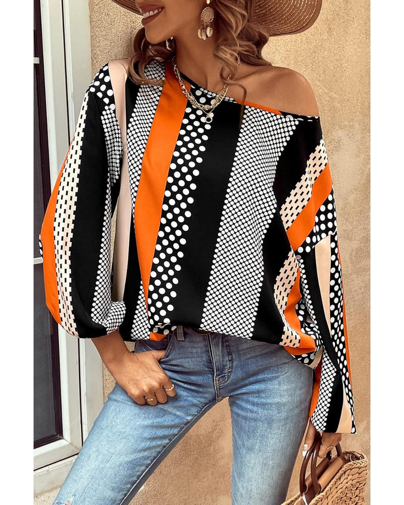Orange Polka Dot Vertical Striped Printed Puff Sleeve Blouse - XL