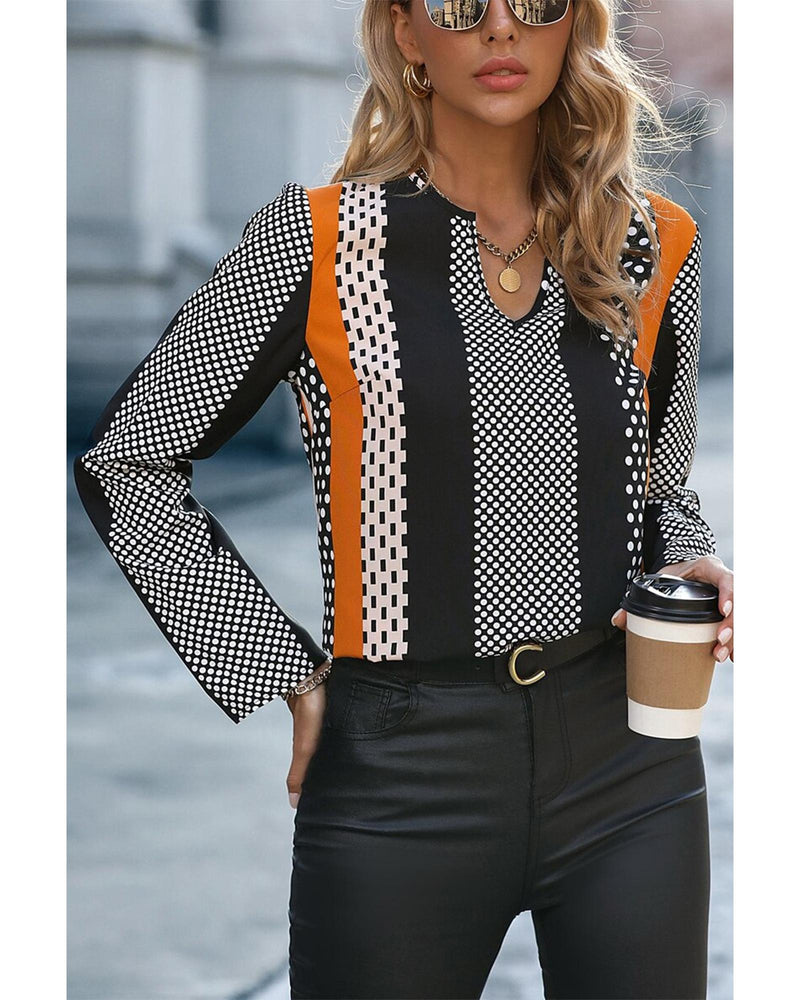 Orange Geo Print Colorblock Notched V Neck Blouse - L