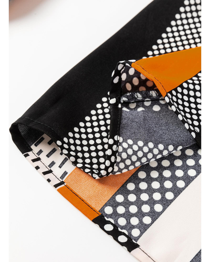Orange Geo Print Colorblock Notched V Neck Blouse - M