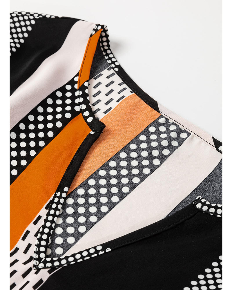 Orange Geo Print Colorblock Notched V Neck Blouse - M
