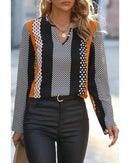 Orange Geo Print Colorblock Notched V Neck Blouse - S