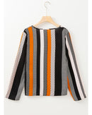 Orange Geo Print Colorblock Notched V Neck Blouse - S