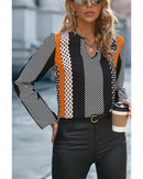 Orange Geo Print Colorblock Notched V Neck Blouse - XL