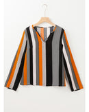 Orange Geo Print Colorblock Notched V Neck Blouse - XL