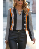 Orange Geo Print Colorblock Notched V Neck Blouse - XL