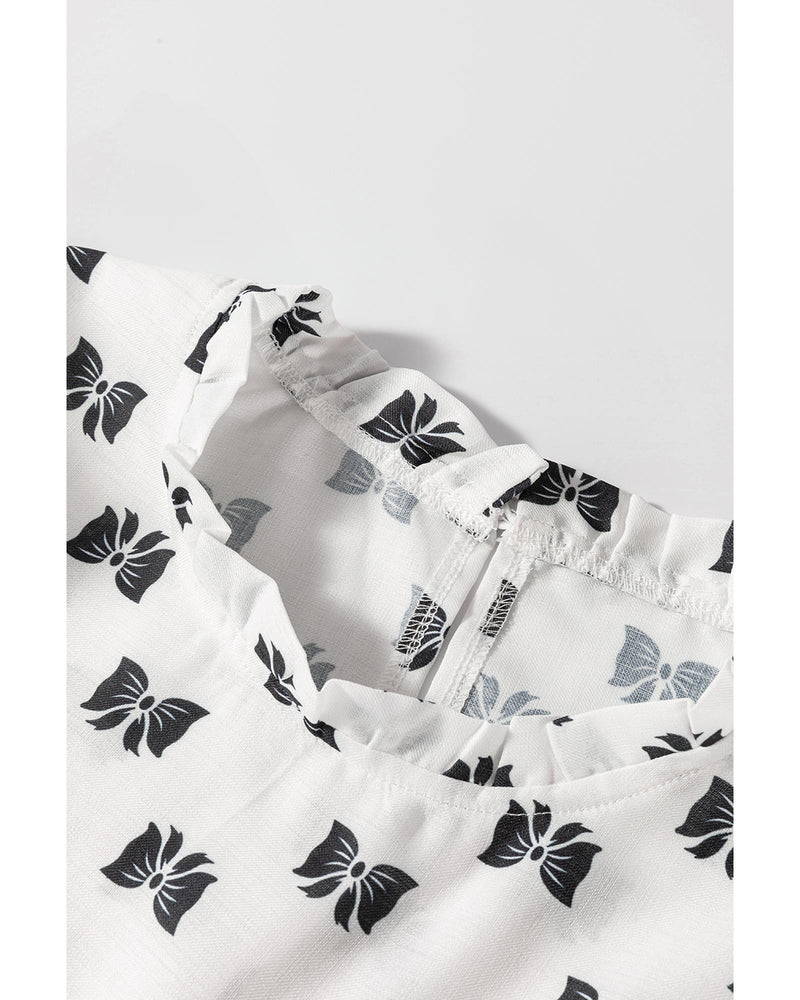 White Bow Knot Print Piping Trim Ruffled Crew Neck Blouse - L