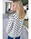 White Bow Knot Print Piping Trim Ruffled Crew Neck Blouse - L