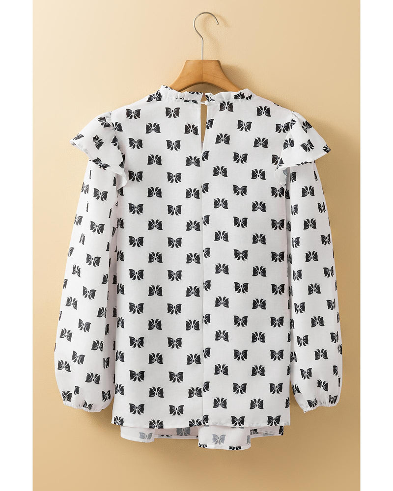 White Bow Knot Print Piping Trim Ruffled Crew Neck Blouse - M