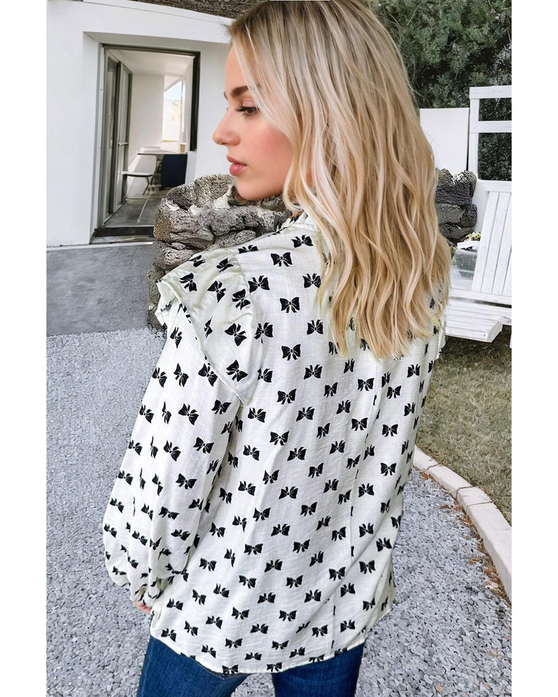 White Bow Knot Print Piping Trim Ruffled Crew Neck Blouse - M